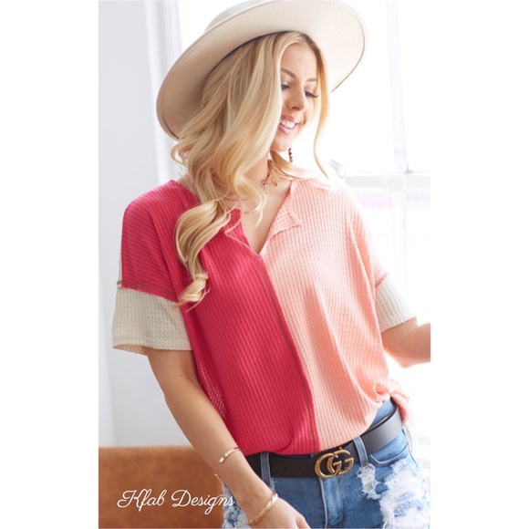 Color Block Waffle Knit, No Stitching, Soft Top! V-Neck. Size: Large - Picture 9 of 12